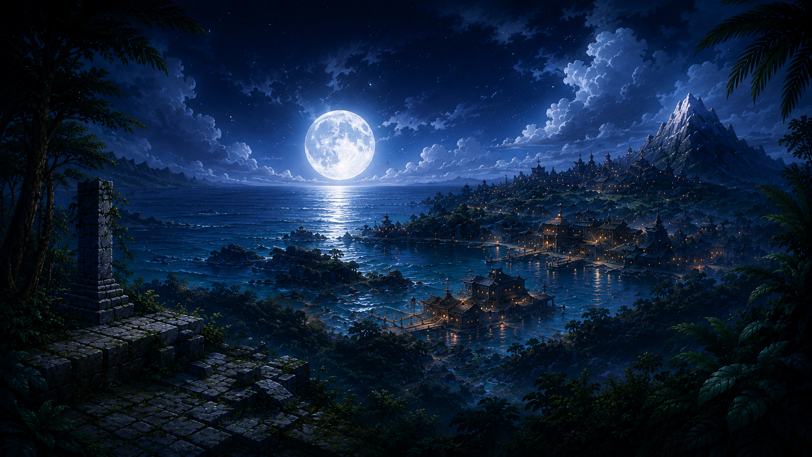 月夜の海に浮かぶムゲ島